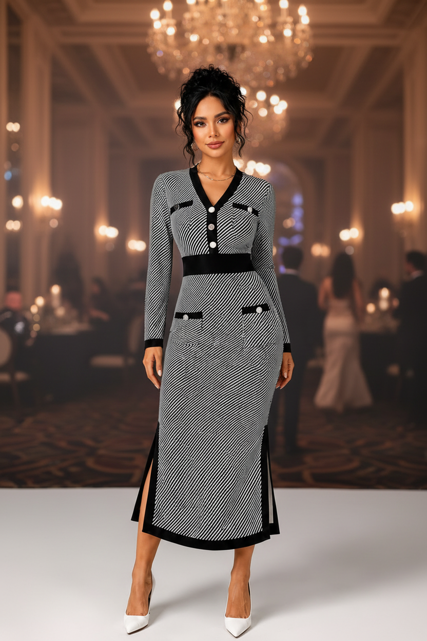 Vestido de Rayas Blanco y Negro | Escote en V · Cintura Marcada · Tallas S-XL