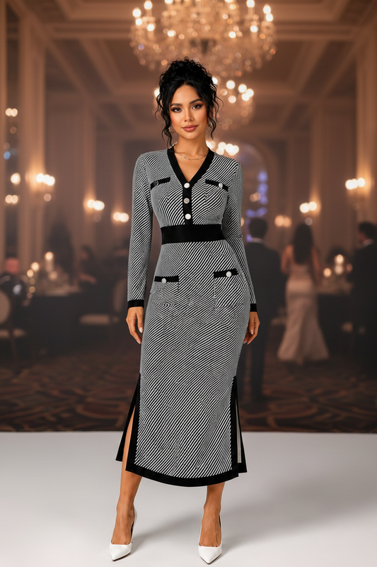Vestido de Rayas Blanco y Negro | Escote en V · Cintura Marcada · Tallas S-XL