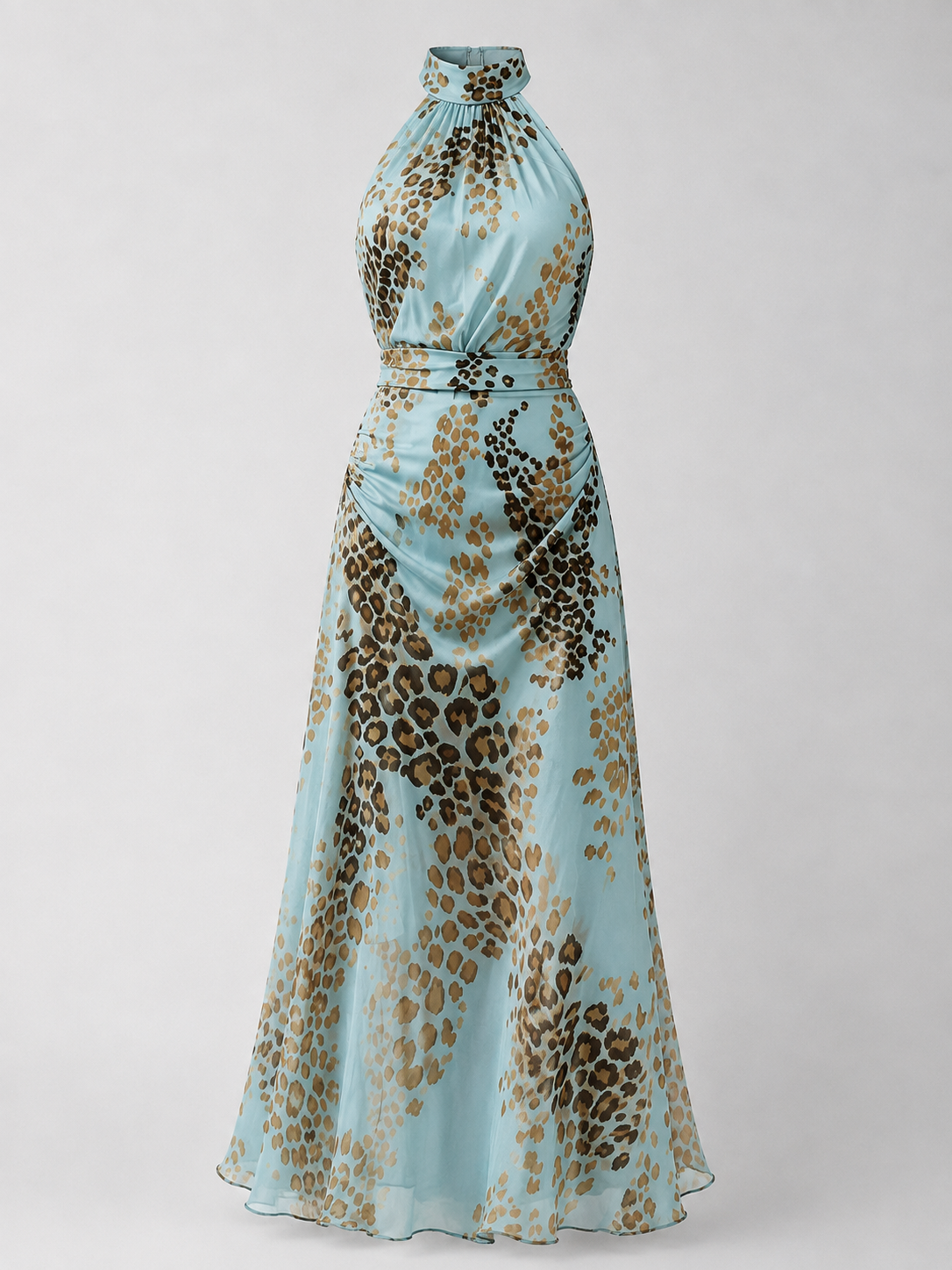 Vestido Largo Halter con Estampado leopardo | Azul Claro · Cintura Marcada · S a 2XL