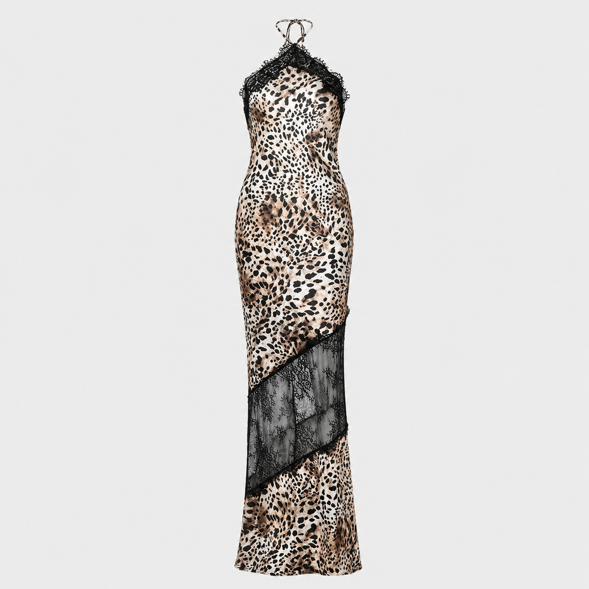 Vestido Maxi Estampado leopardo | Halter · Espalda Descubierta · Encaje Transparente