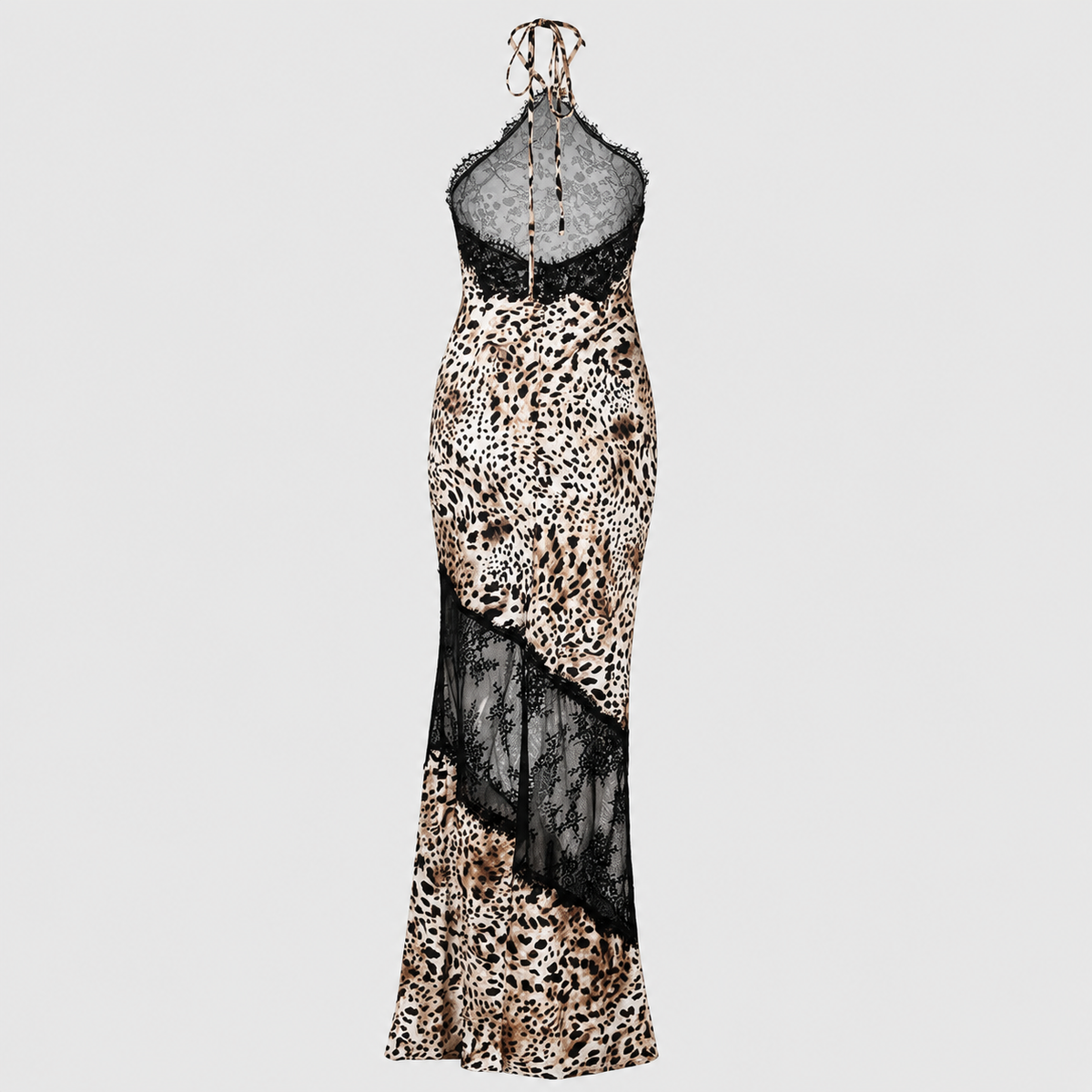 Vestido Maxi Estampado leopardo | Halter · Espalda Descubierta · Encaje Transparente