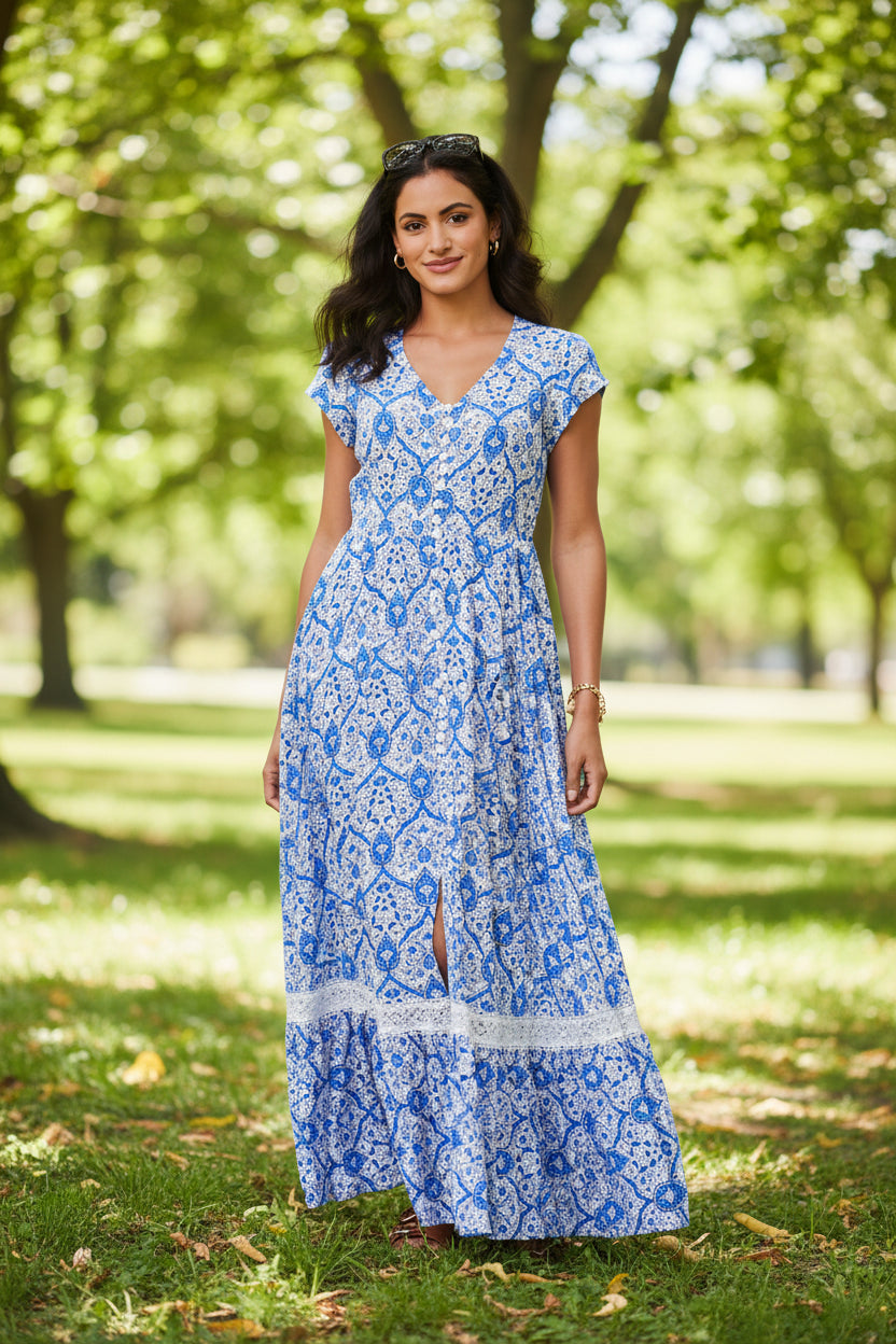 Vestido Maxi de Manga Corta con Estampado Mosaico