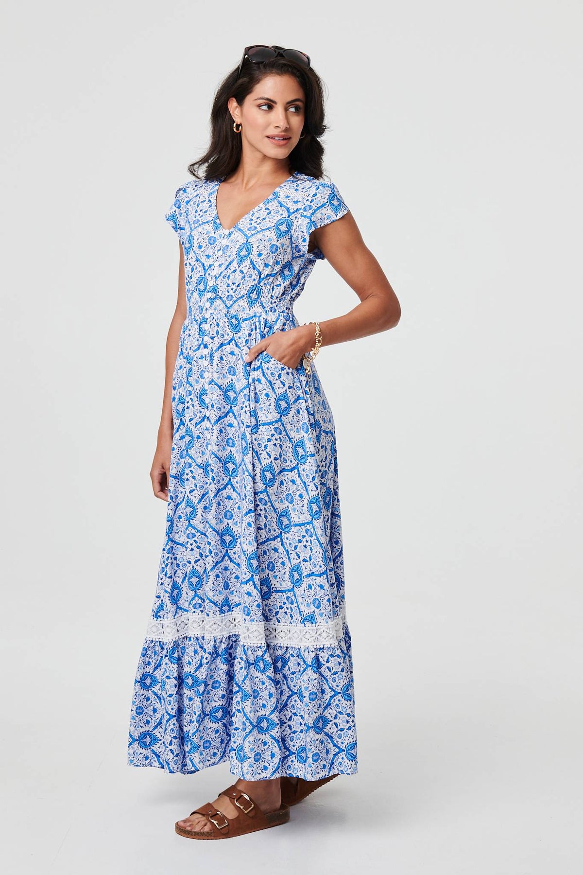Vestido Maxi de Manga Corta con Estampado Mosaico