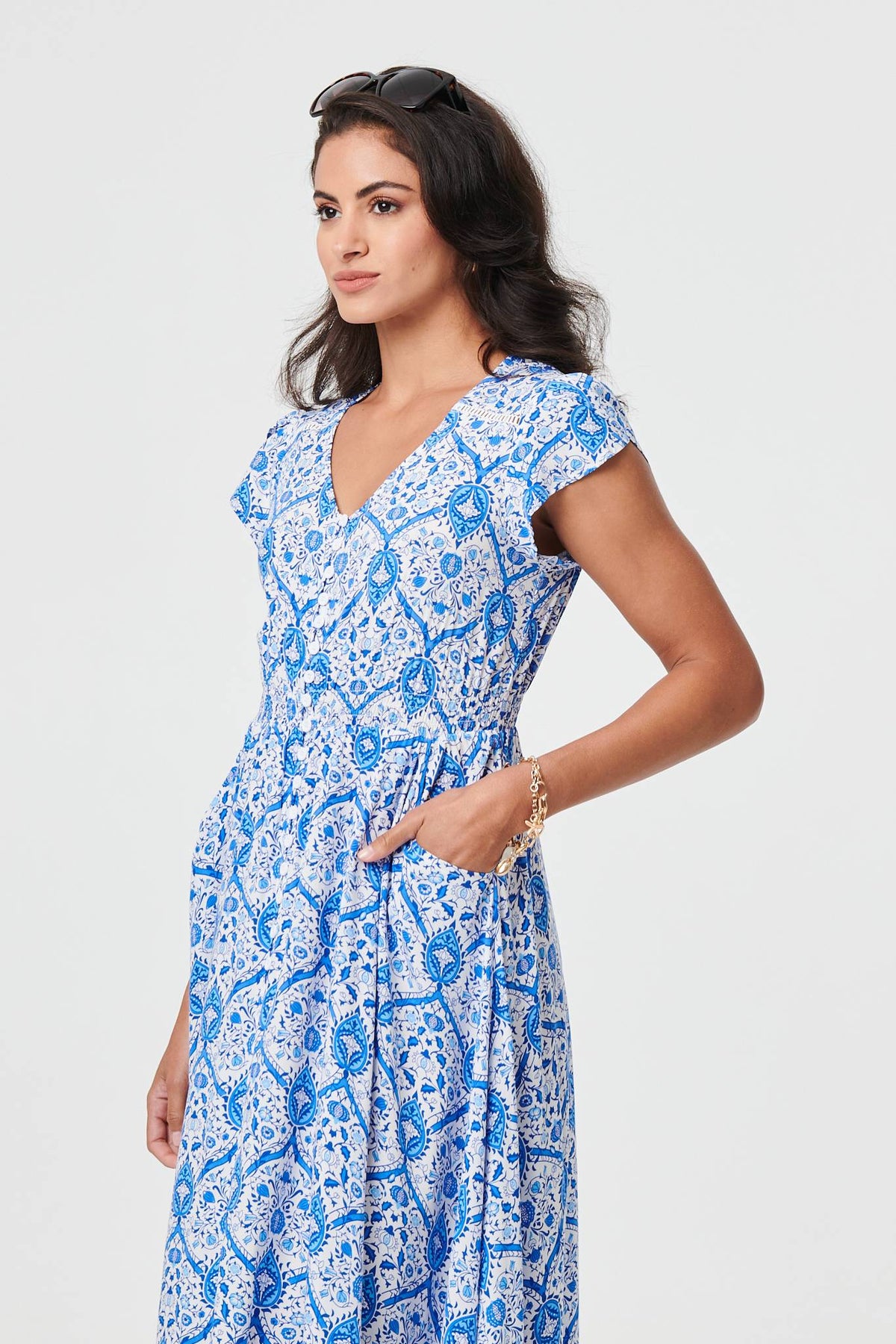 Vestido Maxi de Manga Corta con Estampado Mosaico