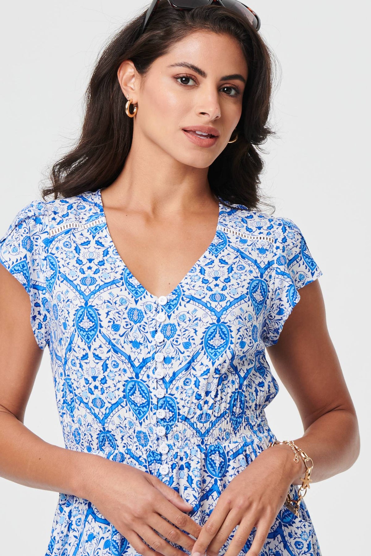 Vestido Maxi de Manga Corta con Estampado Mosaico