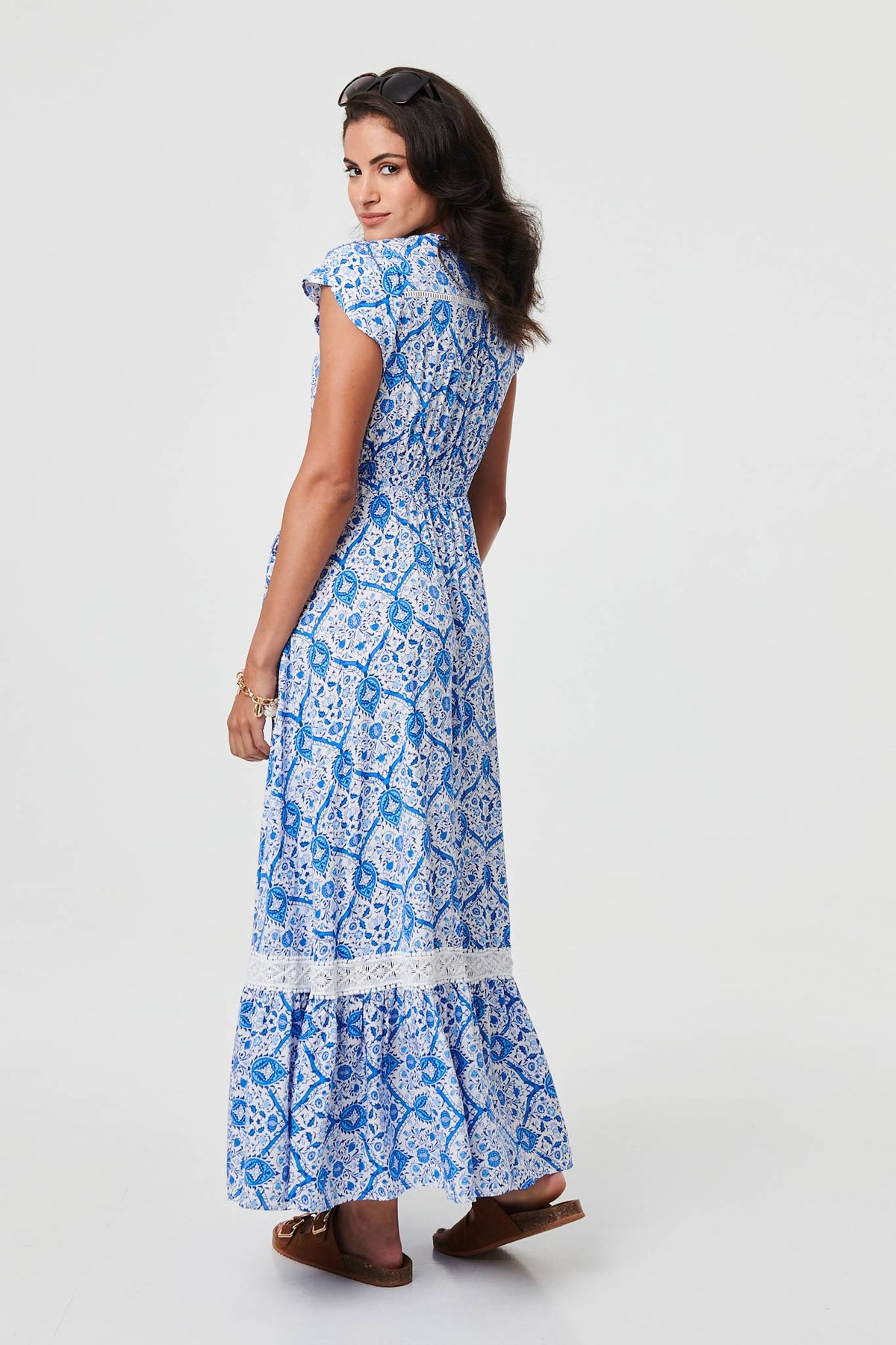 Vestido Maxi de Manga Corta con Estampado Mosaico