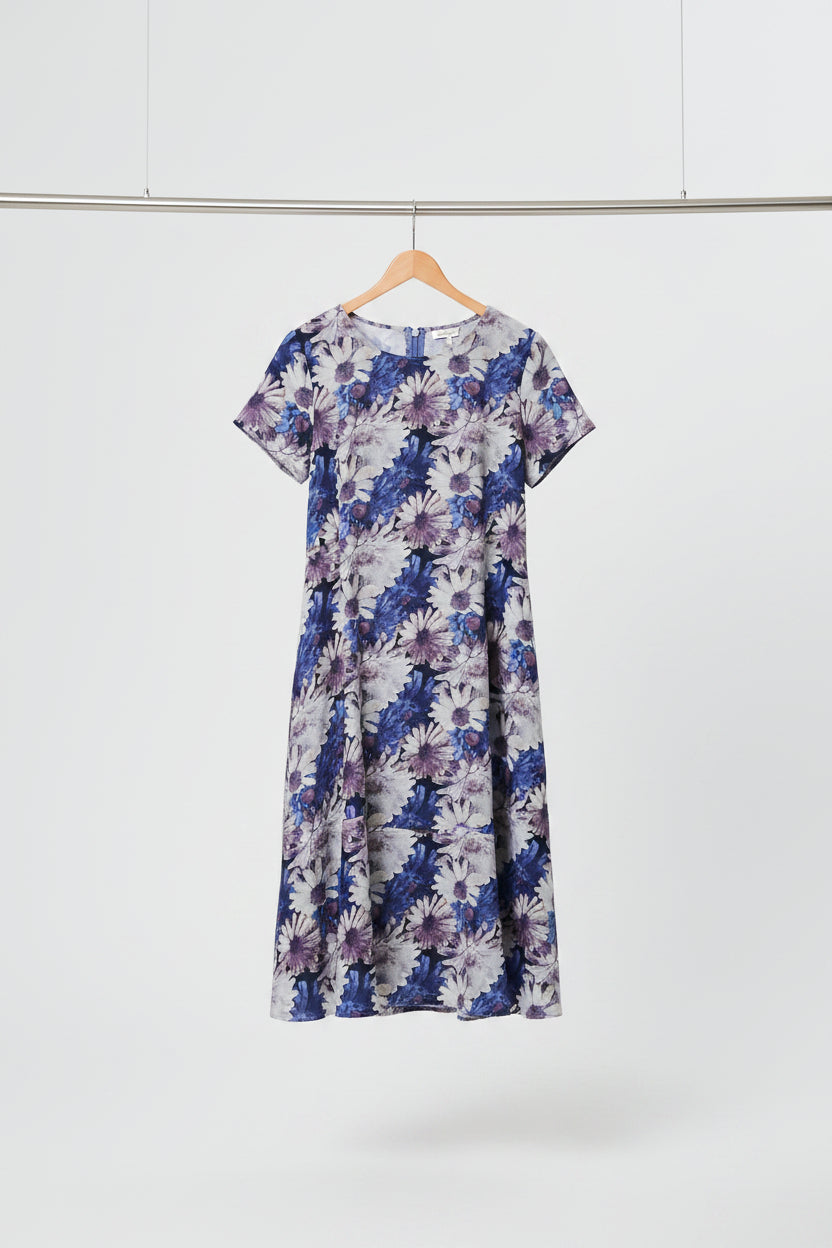 Vestido Recto Floral de Manga Corta hasta la Rodilla