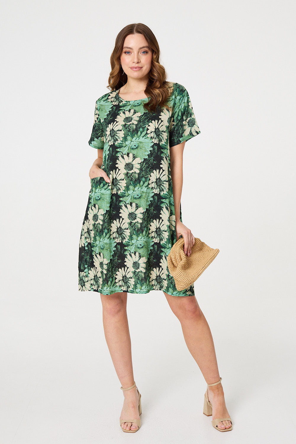 Vestido Recto Floral de Manga Corta hasta la Rodilla