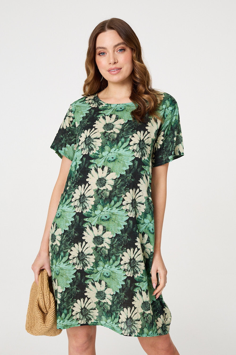 Vestido Recto Floral de Manga Corta hasta la Rodilla