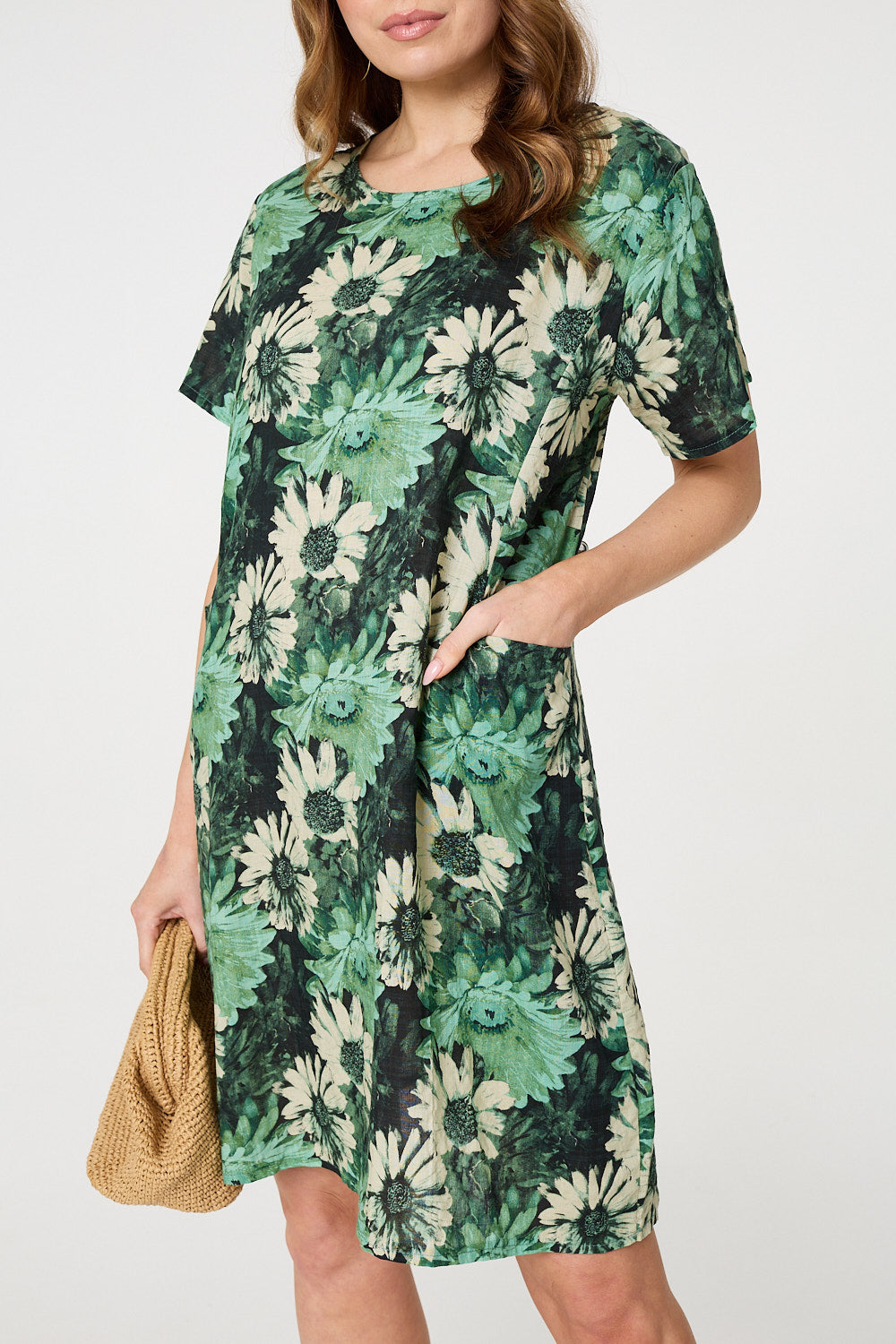 Vestido Recto Floral de Manga Corta hasta la Rodilla