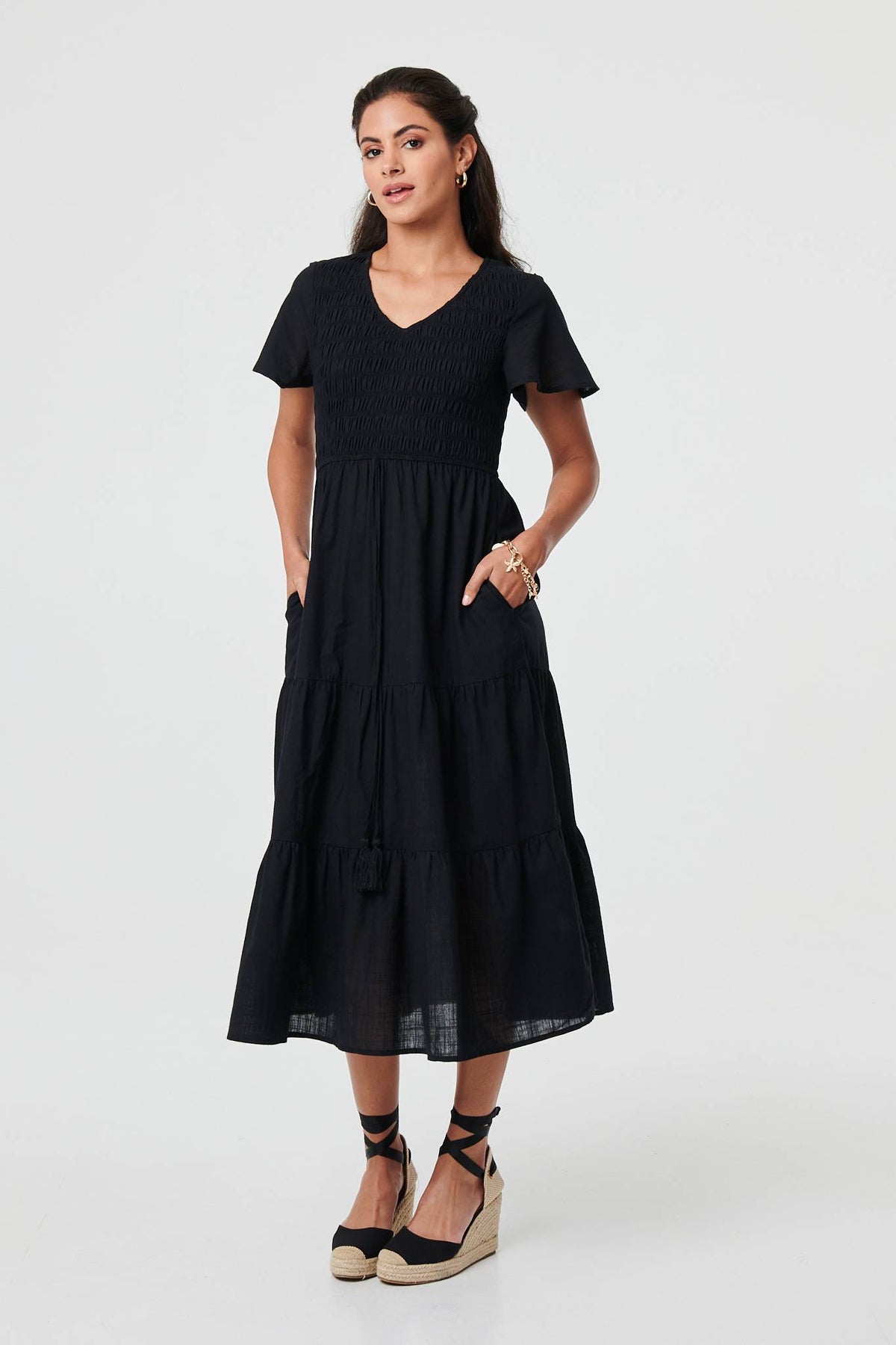 Vestido Midi Plisado con Fruncido y Mangas Acampanadas