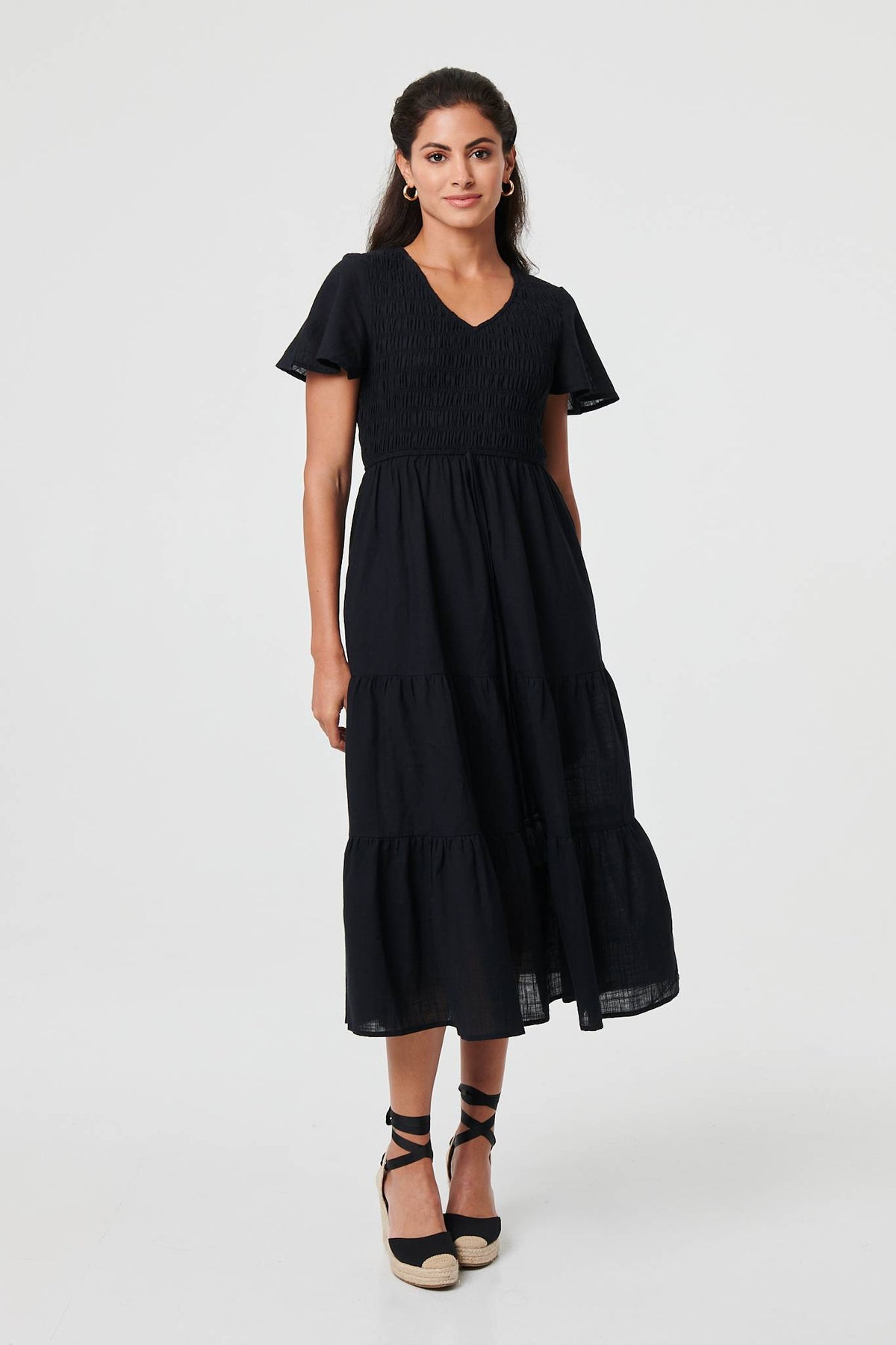 Vestido Midi Plisado con Fruncido y Mangas Acampanadas