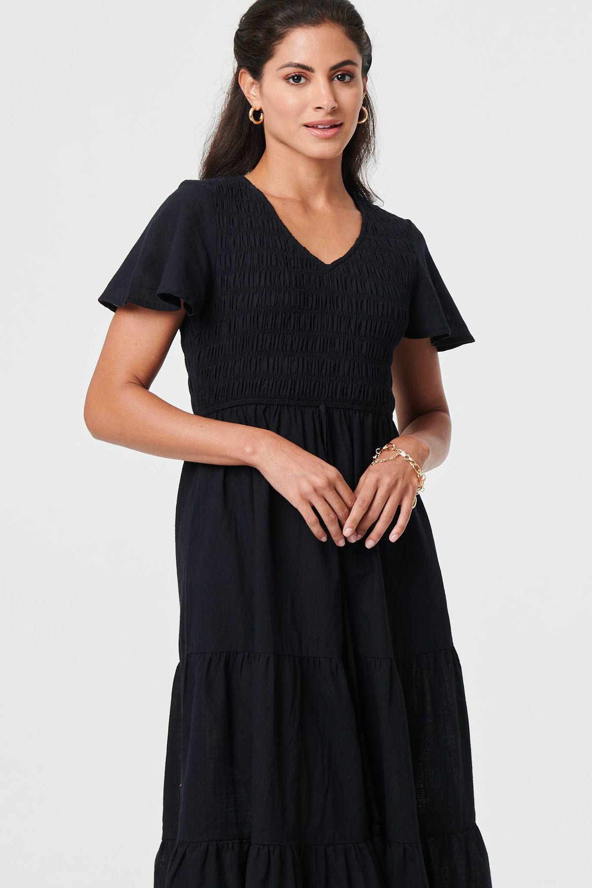 Vestido Midi Plisado con Fruncido y Mangas Acampanadas