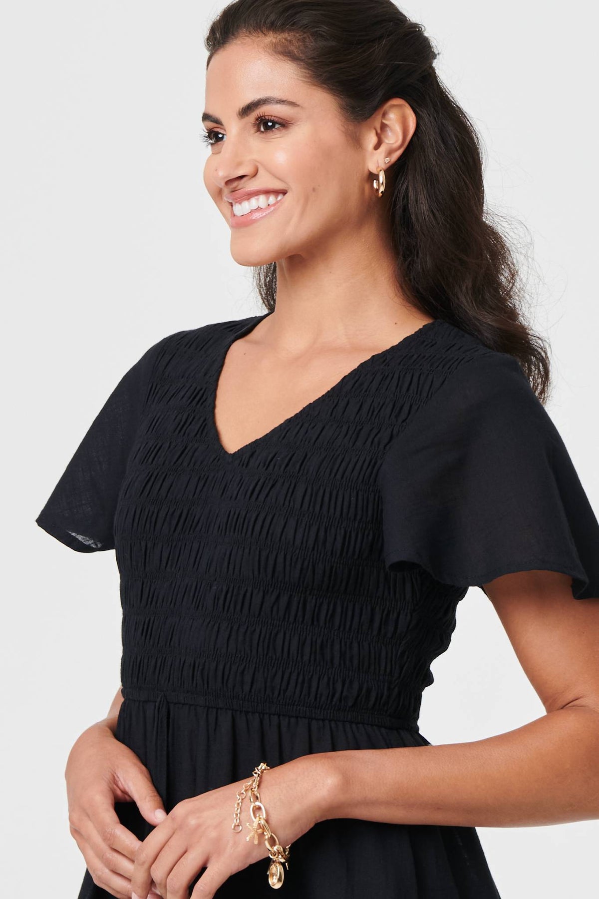Vestido Midi Plisado con Fruncido y Mangas Acampanadas