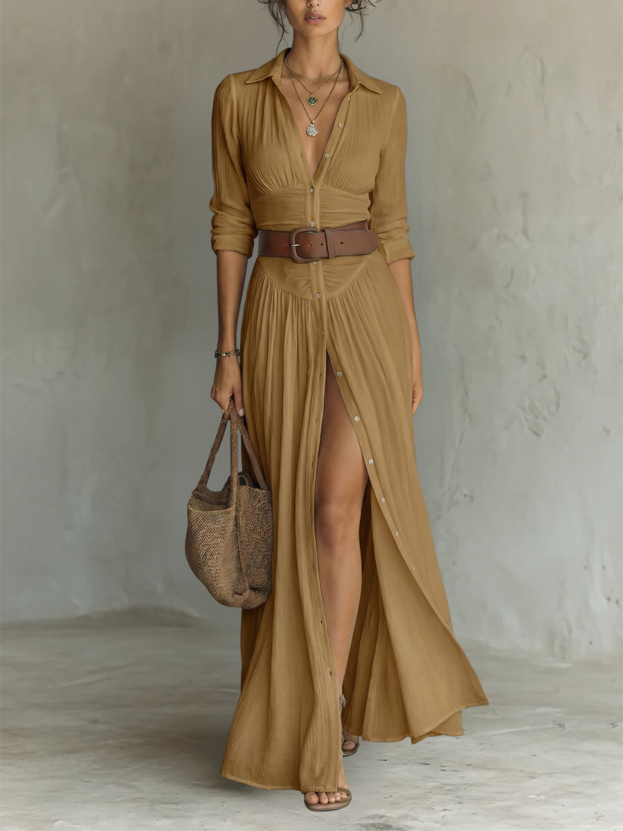 Vestido Maxi Largo con Cuello Solapa y Manga Larga para Mujer