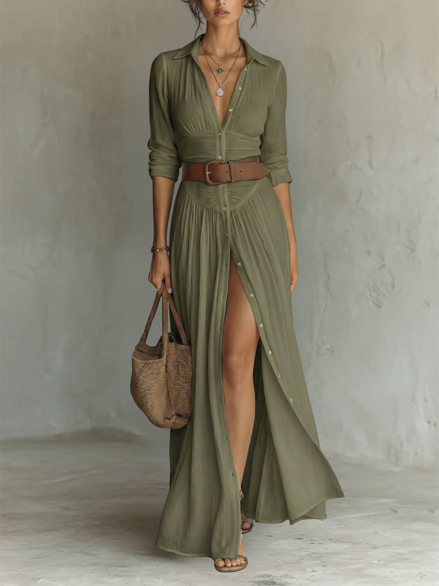 Vestido Maxi Largo con Cuello Solapa y Manga Larga para Mujer
