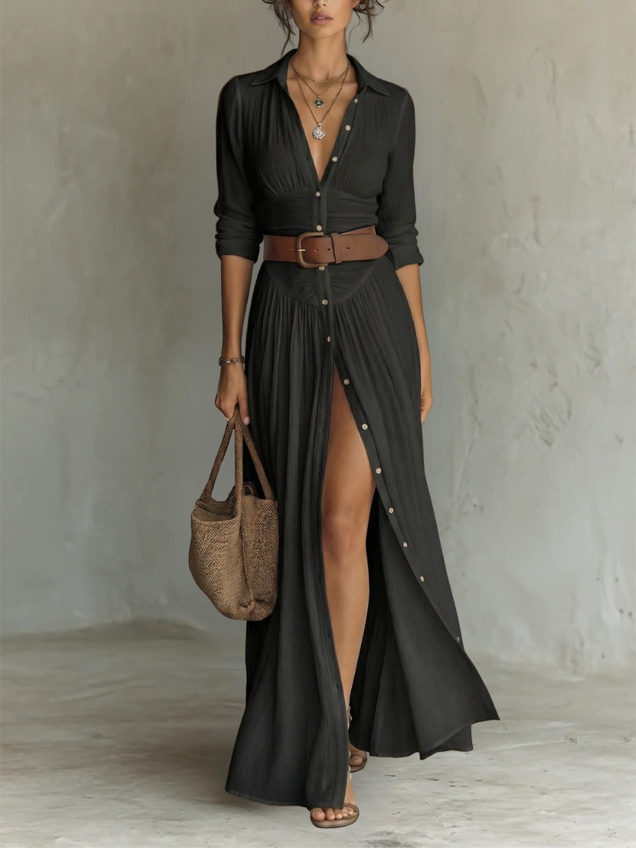Vestido Maxi Largo con Cuello Solapa y Manga Larga para Mujer