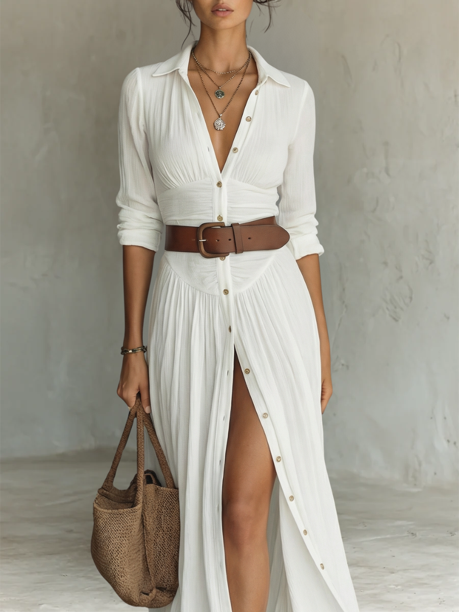Vestido Maxi Largo con Cuello Solapa y Manga Larga para Mujer