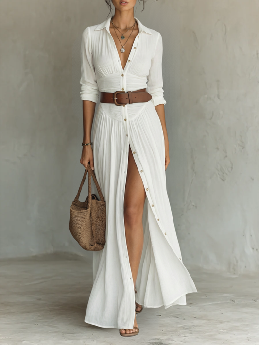 Vestido Maxi Largo con Cuello Solapa y Manga Larga para Mujer