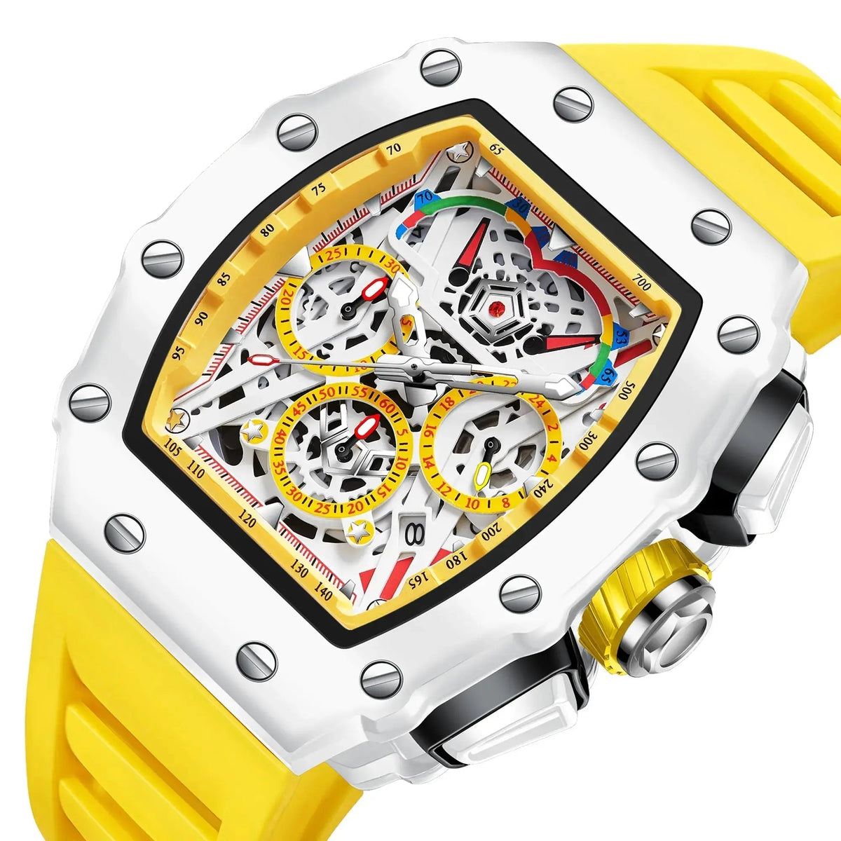 Reloj Hombre Esqueleto Cronógrafo | Caja Tonel · Esfera Abierta · 7 Colores