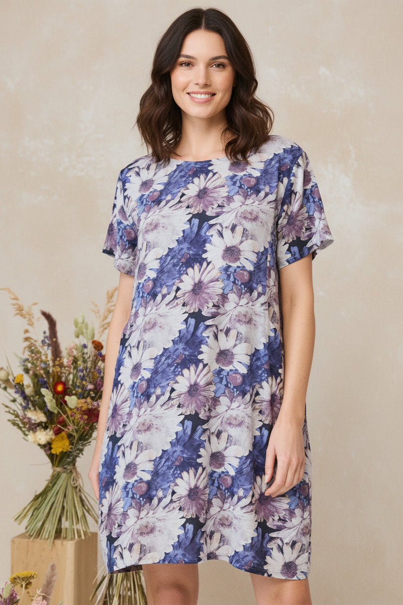 Vestido Recto Floral de Manga Corta hasta la Rodilla