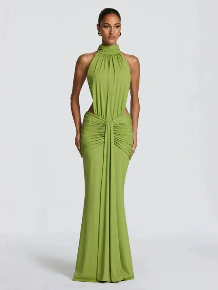 Vestido Maxi Halter Espalda Descubierta | Drapeado en Cadera · 4 Colores