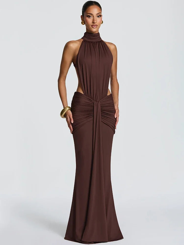 Vestido Maxi Halter Espalda Descubierta | Drapeado en Cadera · 4 Colores