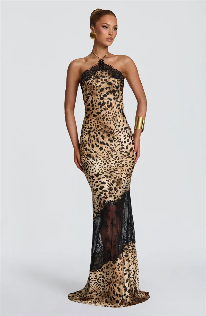 Vestido Maxi Estampado leopardo | Halter · Espalda Descubierta · Encaje Transparente