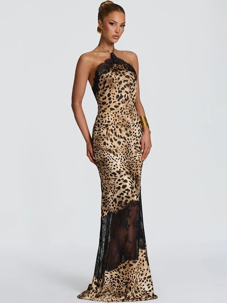 Vestido Maxi Estampado leopardo | Halter · Espalda Descubierta · Encaje Transparente