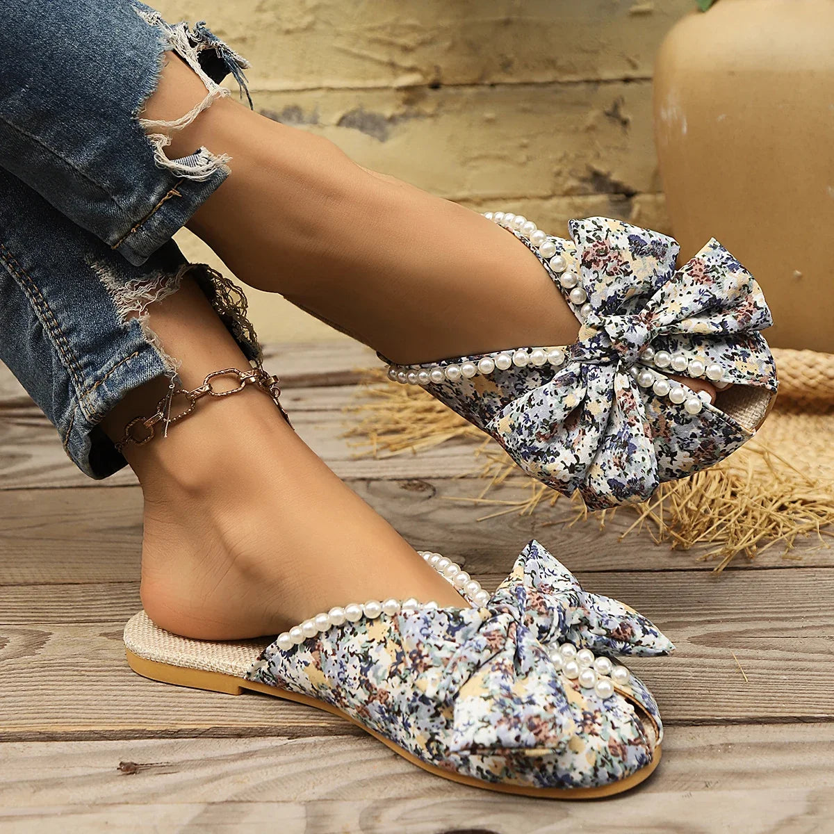 Sandalias Planas Florales con Lazo y Perlas | Estética Romántica · Tallas 36-43