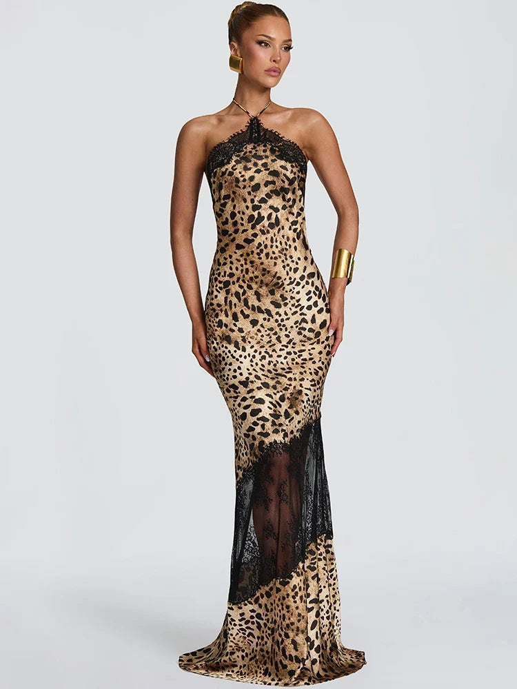 Vestido Maxi Estampado leopardo | Halter · Espalda Descubierta · Encaje Transparente