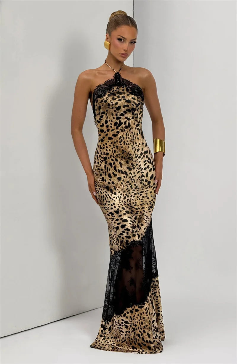 Vestido Maxi Estampado leopardo | Halter · Espalda Descubierta · Encaje Transparente