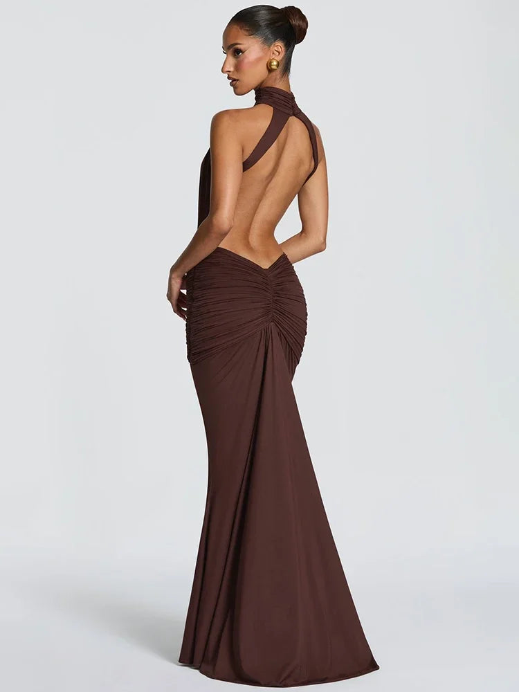 Vestido Maxi Halter Espalda Descubierta | Drapeado en Cadera · 4 Colores
