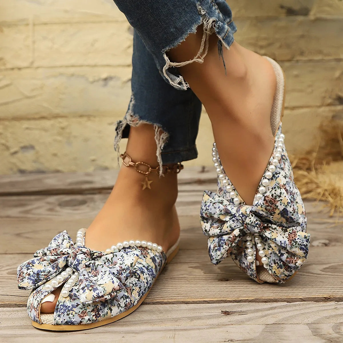 Sandalias Planas Florales con Lazo y Perlas | Estética Romántica · Tallas 36-43