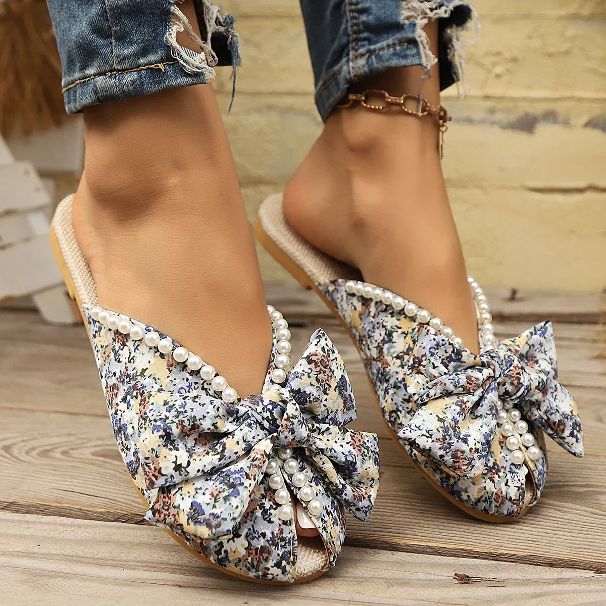 Sandalias Planas Florales con Lazo y Perlas | Estética Romántica · Tallas 36-43
