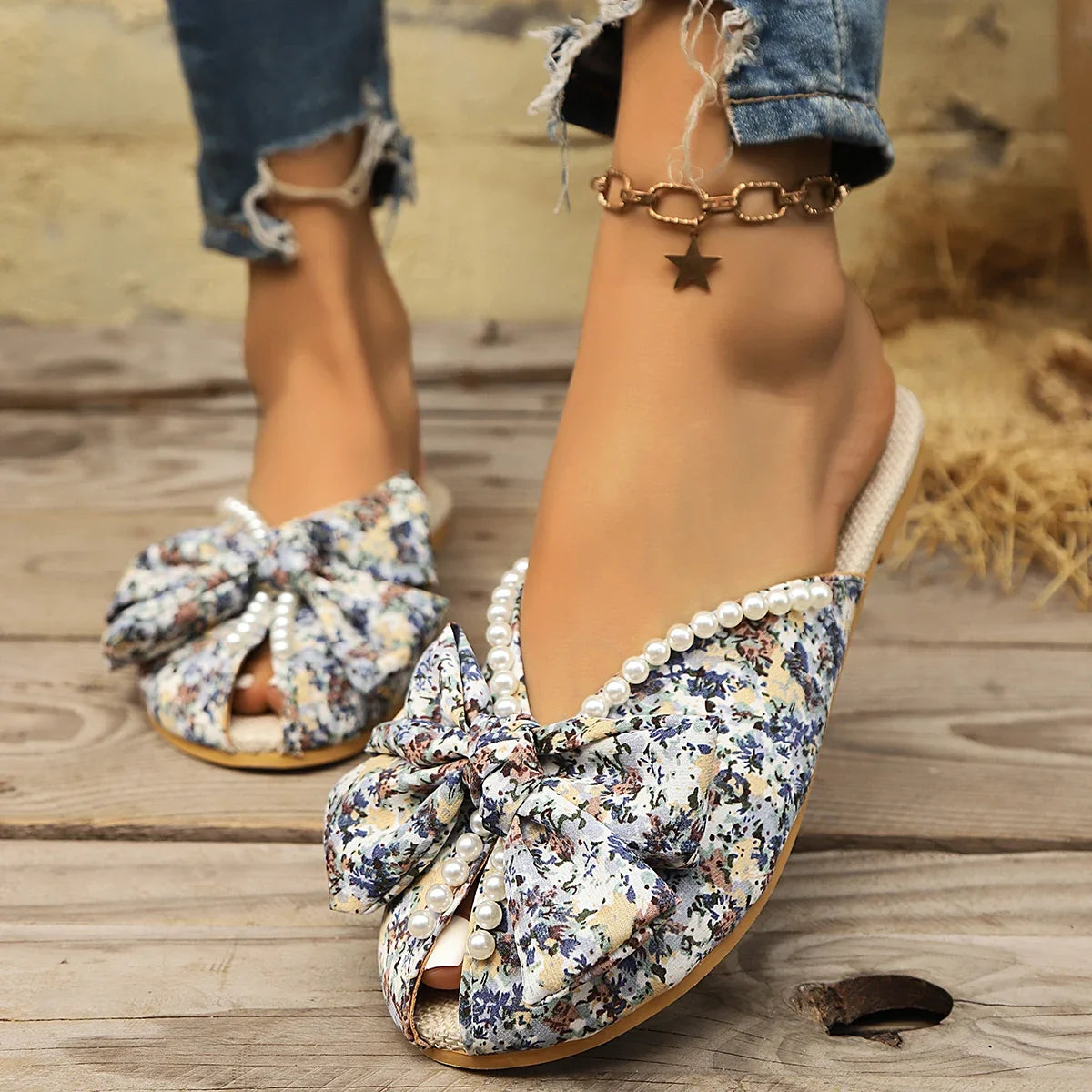Sandalias Planas Florales con Lazo y Perlas | Estética Romántica · Tallas 36-43