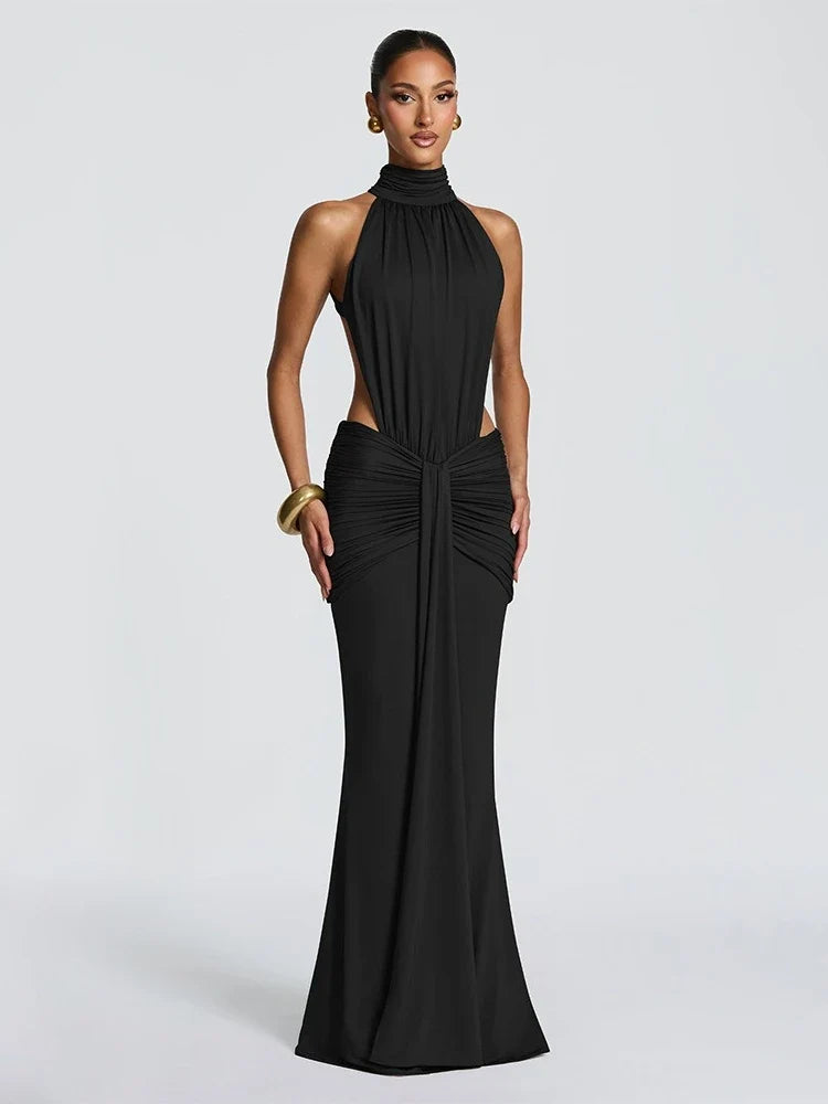 Vestido Maxi Halter Espalda Descubierta | Drapeado en Cadera · 4 Colores
