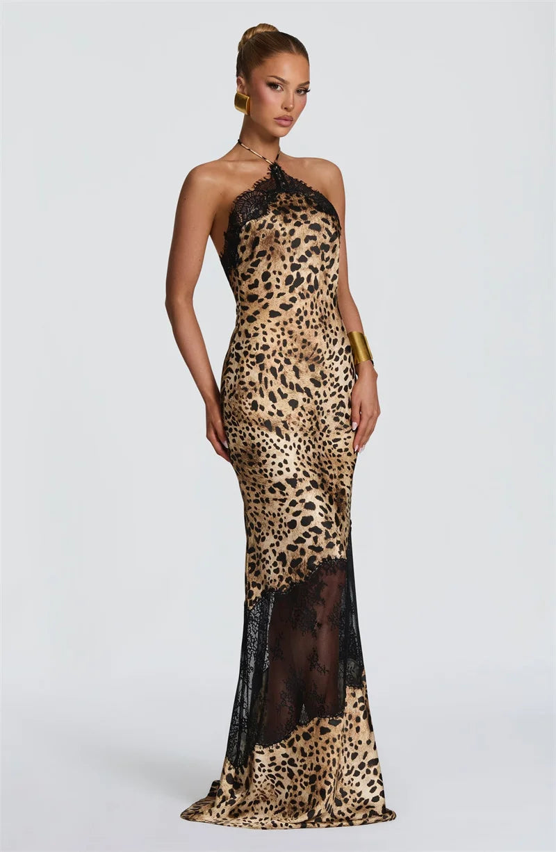 Vestido Maxi Estampado leopardo | Halter · Espalda Descubierta · Encaje Transparente