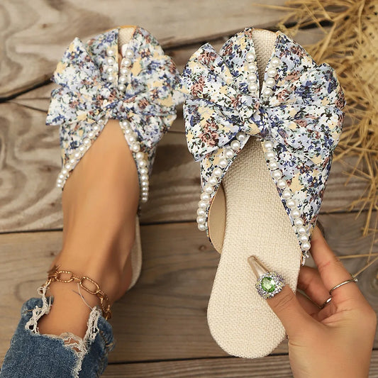Sandalias Planas Florales con Lazo y Perlas | Estética Romántica · Tallas 36-43