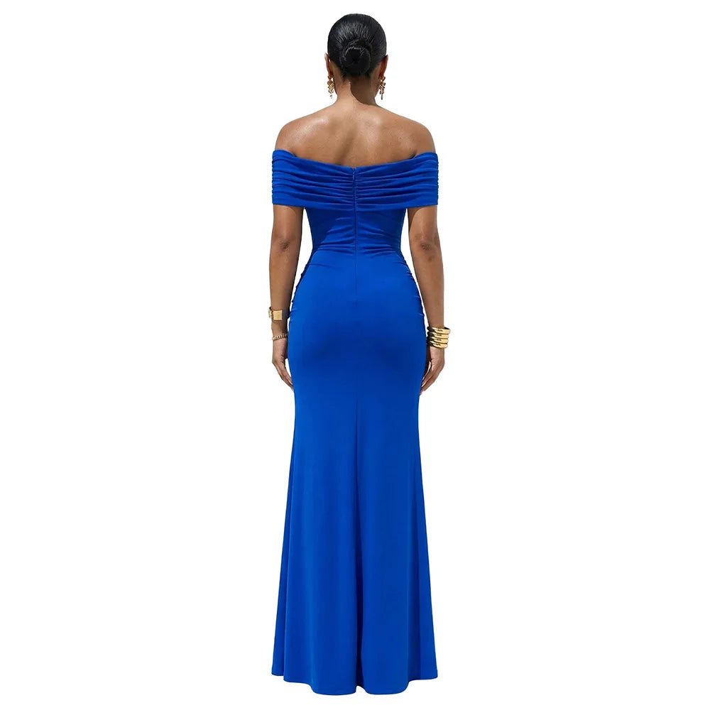 Vestido Largo Hombros Descubiertos | Fruncido en Cintura · Detalle Dorado · 4 Colores