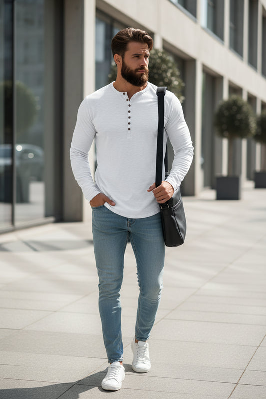 Camiseta Henley Manga Larga Hombre | Corte Entallado · 4 Colores · S a XXL