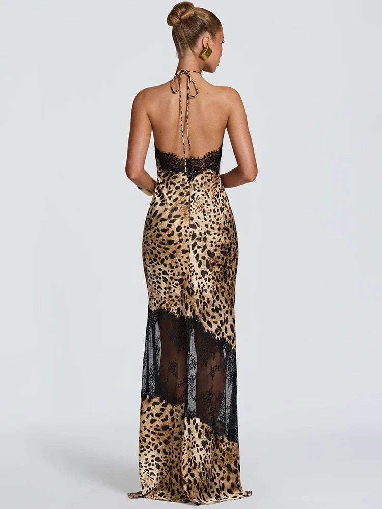 Vestido Maxi Estampado leopardo | Halter · Espalda Descubierta · Encaje Transparente
