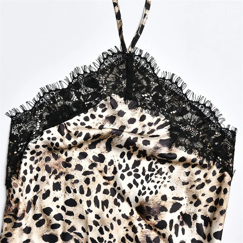 Vestido Maxi Estampado leopardo | Halter · Espalda Descubierta · Encaje Transparente