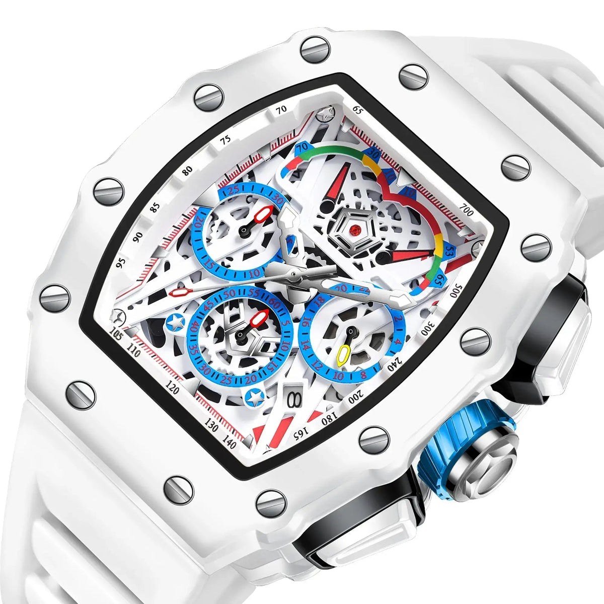 Reloj Hombre Esqueleto Cronógrafo | Caja Tonel · Esfera Abierta · 7 Colores