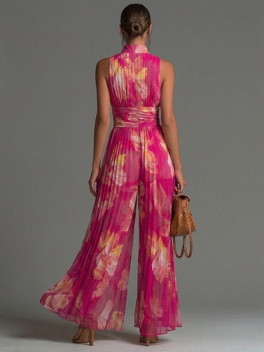 Mono Fucsia en Chifón con Estampado Floral, Sin Mangas, Cremallera y Pierna Ancha Plisada