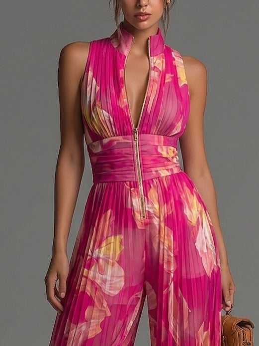 Mono Fucsia en Chifón con Estampado Floral, Sin Mangas, Cremallera y Pierna Ancha Plisada