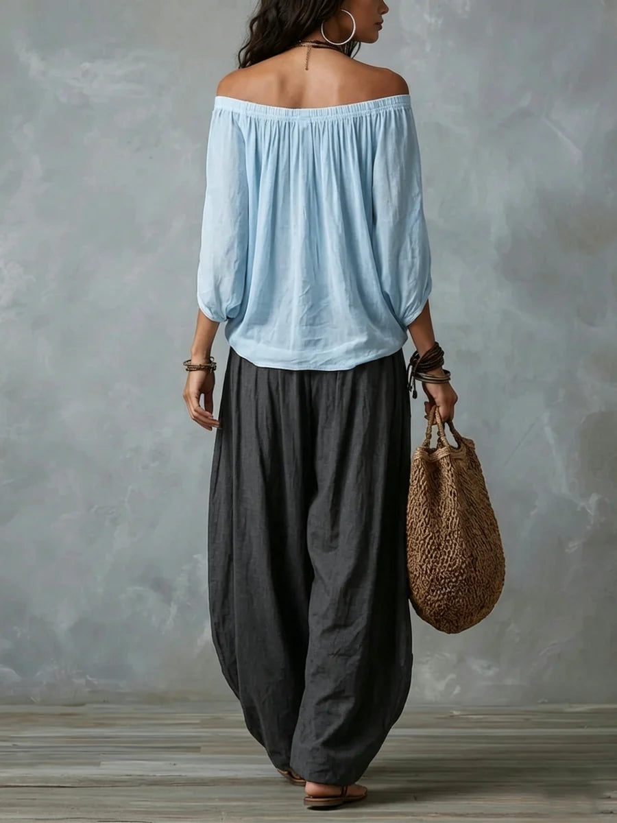 Sofía | Conjunto bohemio de top asimétrico y pantalón palazzo