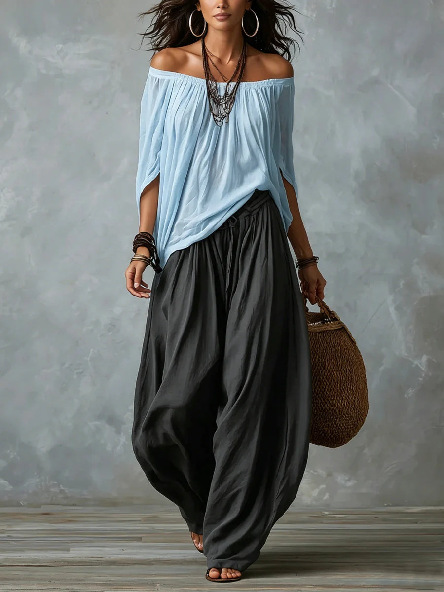 Sofía | Conjunto bohemio de top asimétrico y pantalón palazzo