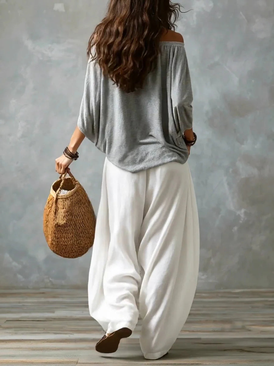 Sofía | Conjunto bohemio de top asimétrico y pantalón palazzo