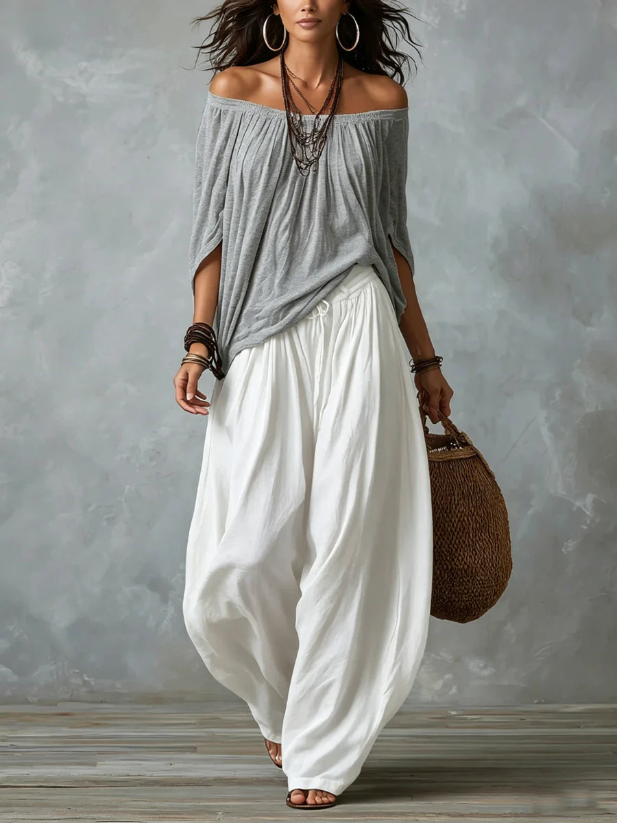 Sofía | Conjunto bohemio de top asimétrico y pantalón palazzo